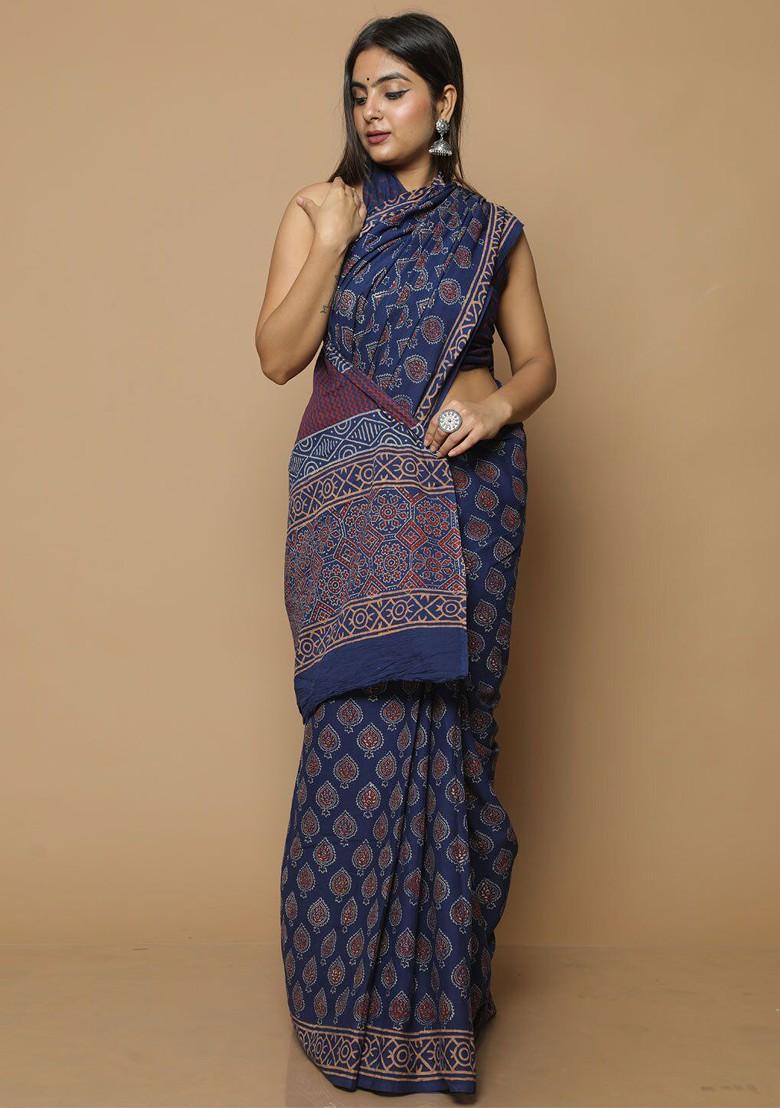 Navy Blue Printed Blended Saree Set - Indya