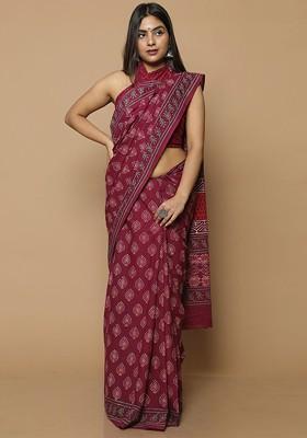Maroon Printed Blended Saree Set