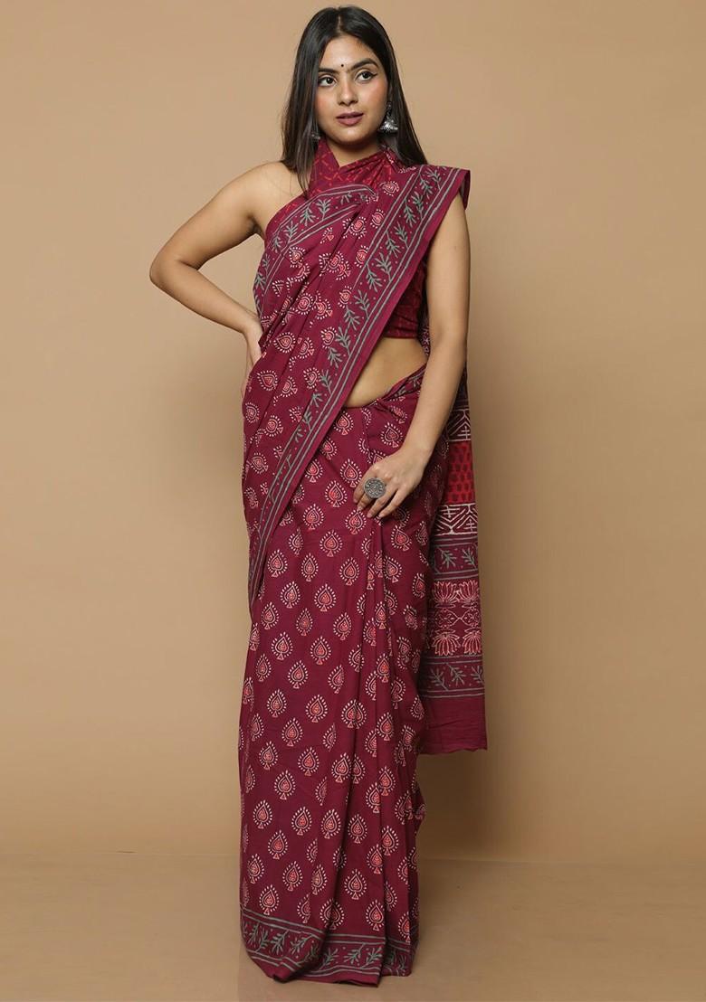 Maroon Printed Blended Saree Set
