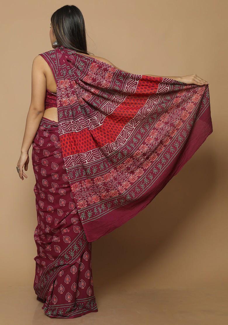 Maroon Printed Blended Saree Set