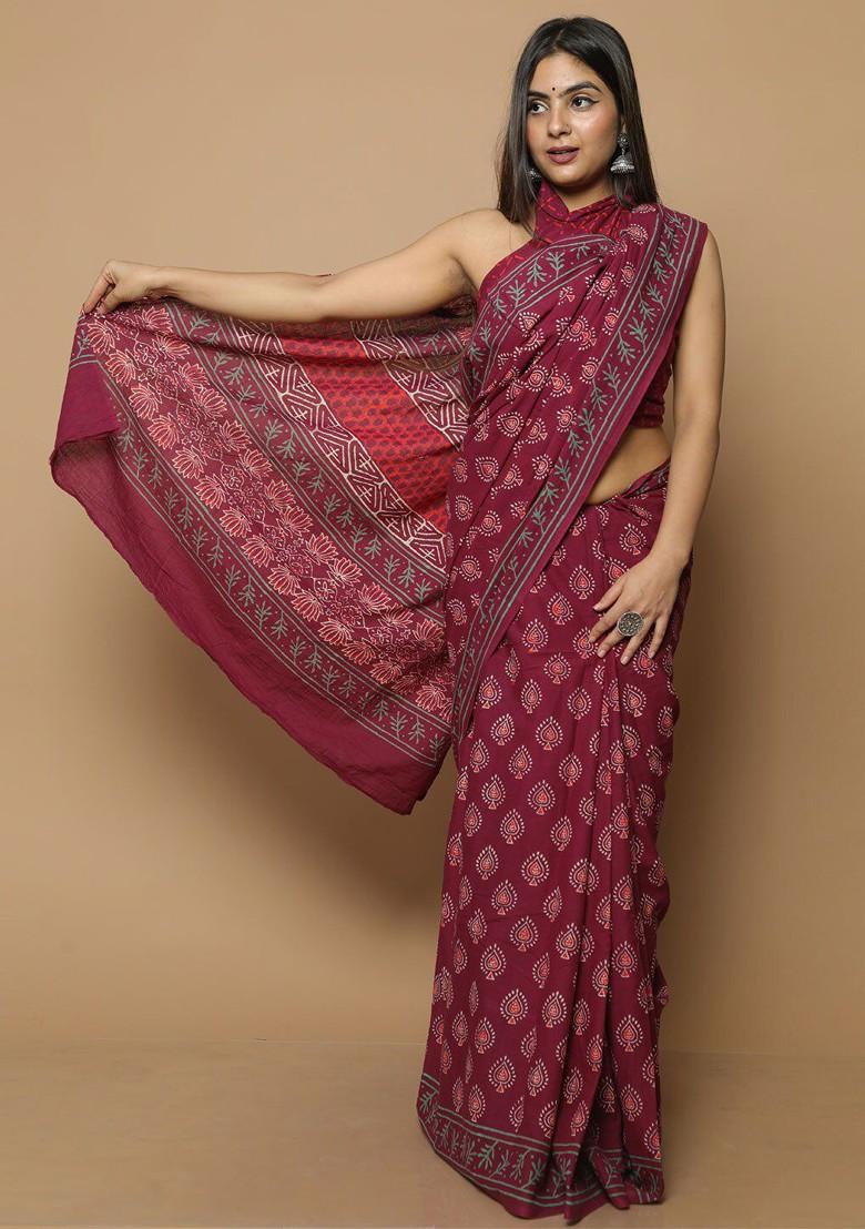 Maroon Printed Blended Saree Set