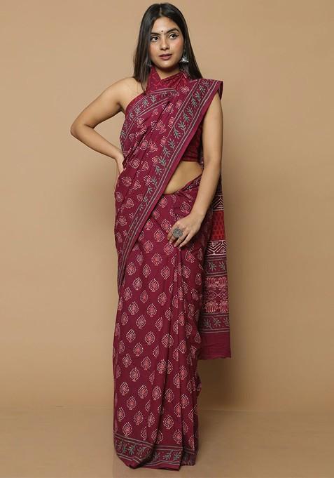 Maroon Printed Blended Saree Set