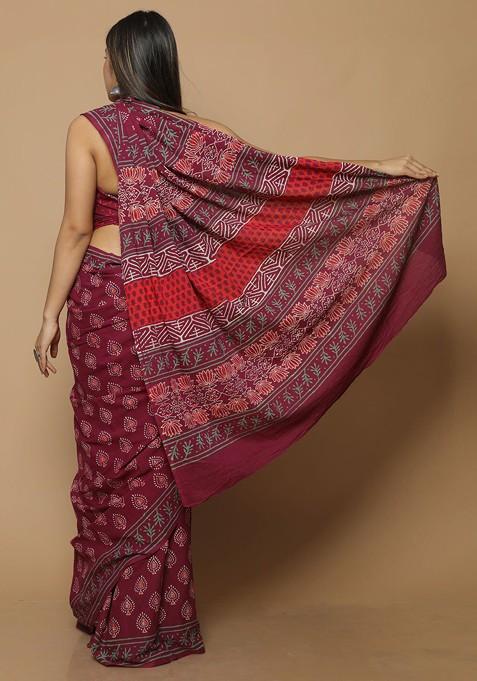 Maroon Printed Blended Saree Set
