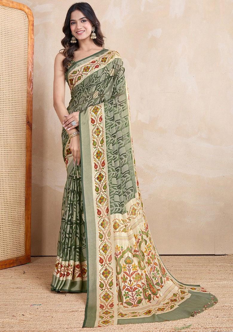 Olive Printed Blended Saree Set