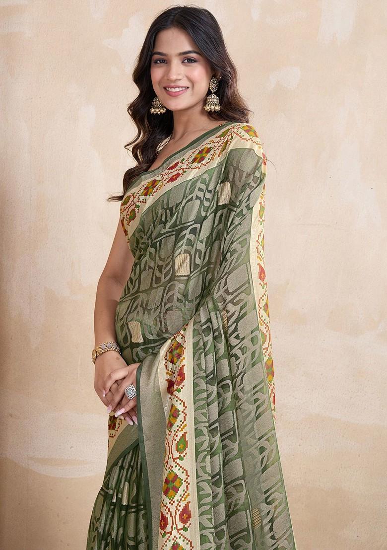 Olive Printed Blended Saree Set