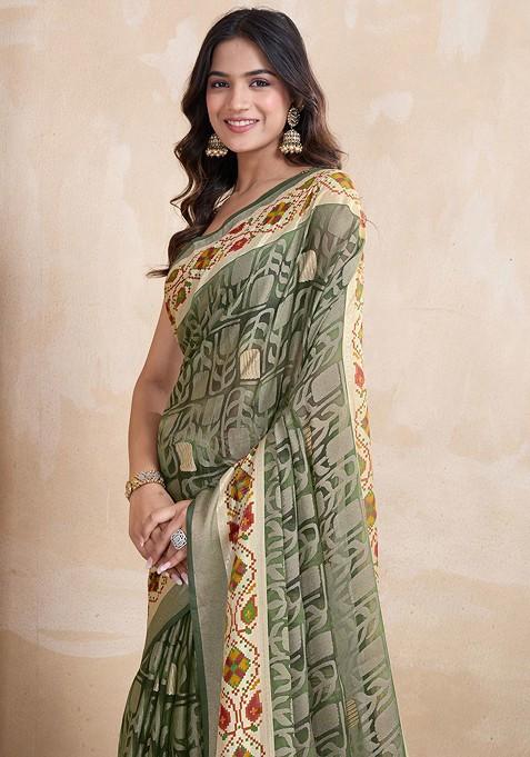Olive Printed Blended Saree Set