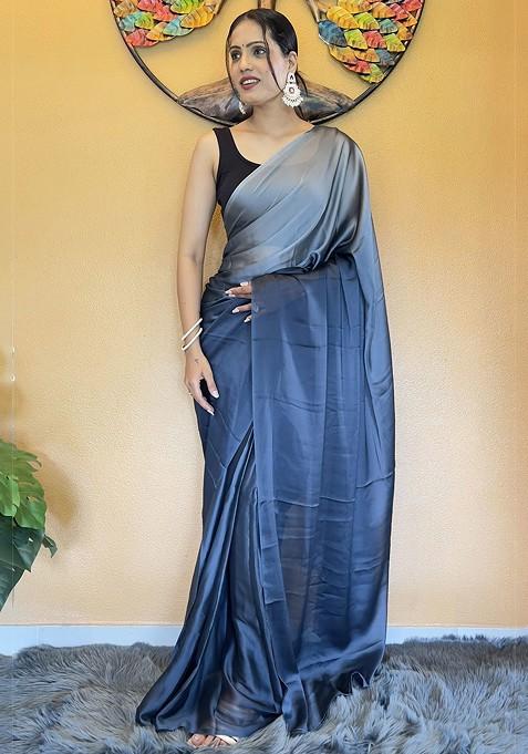 Blue Embroidered Blended Saree Set