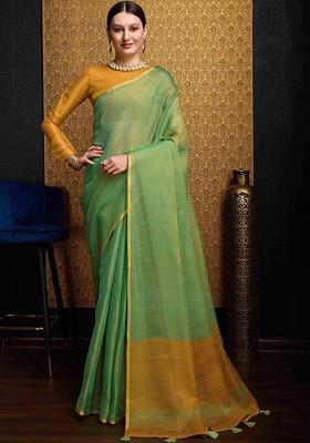Green Embroidered Blended Saree Set