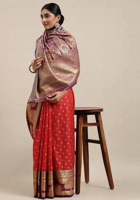 Red Embroidered Blended Saree Set — view on Indya