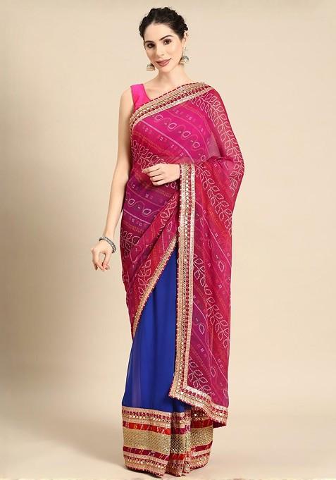Blue Printed Blended Saree Set