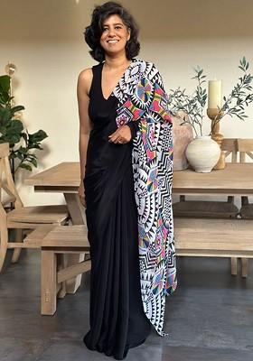 White Embroidered Blended Saree Set