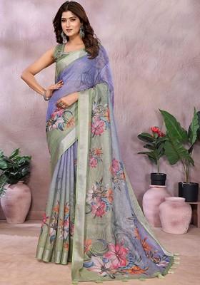Blue Embroidered Blended Saree Set