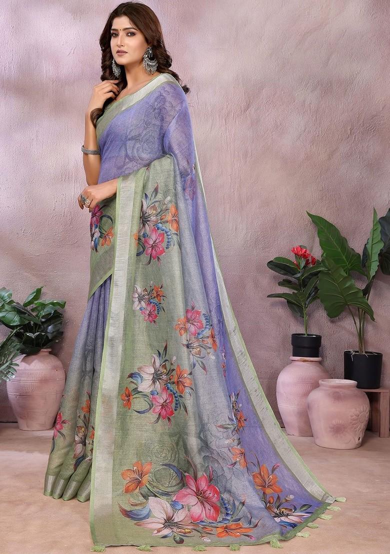 Blue Embroidered Blended Saree Set - Indya