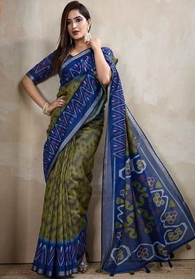 Green Embroidered Blended Saree Set