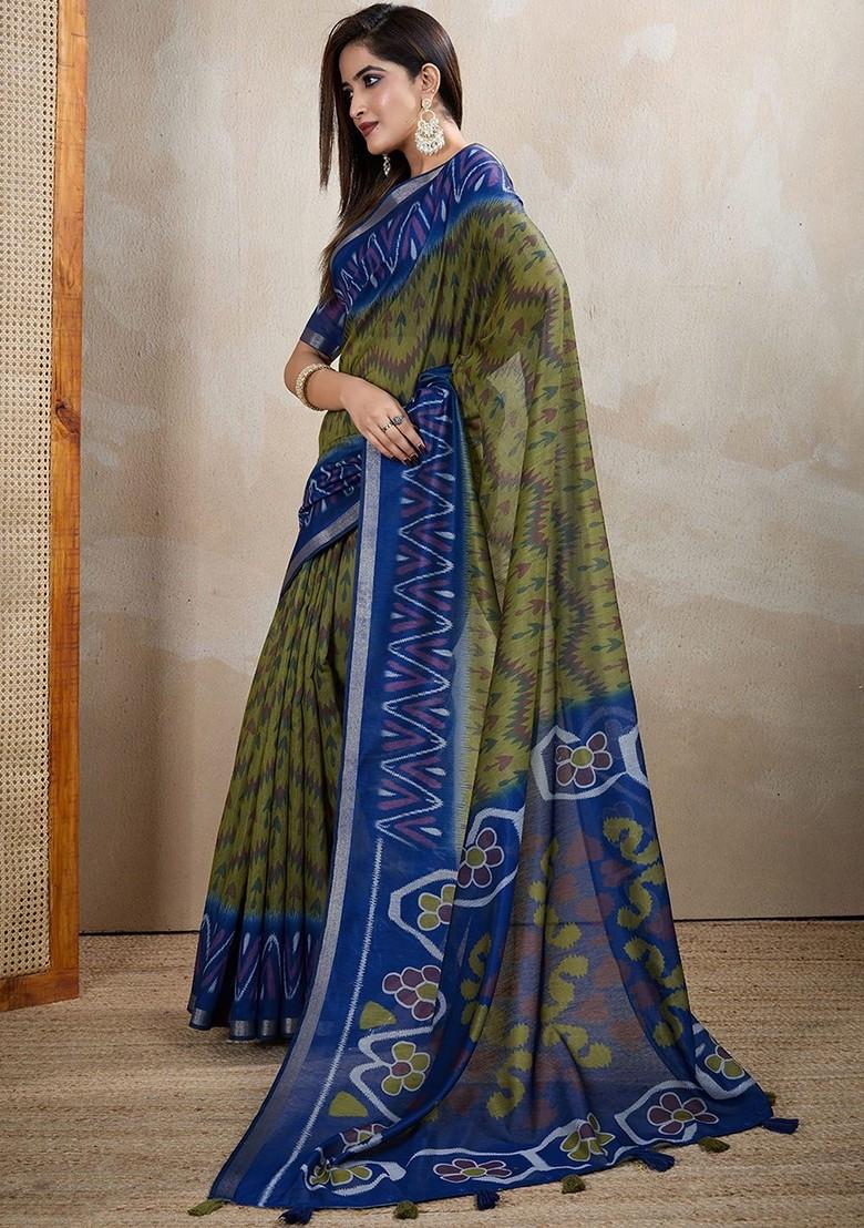 Green Embroidered Blended Saree Set - Indya