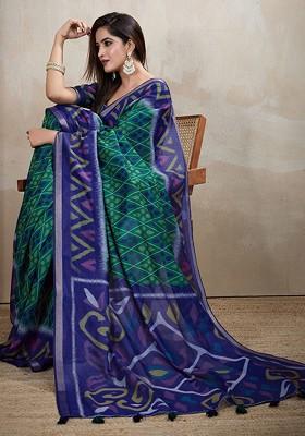 Blue Embroidered Blended Saree Set