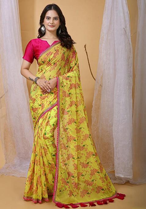 Yellow Embroidered Blended Saree Set