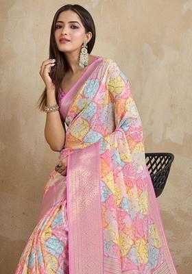Pink Printed Blended Saree Set
