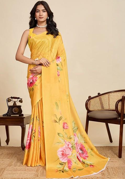 Yellow Printed Blended Saree Set