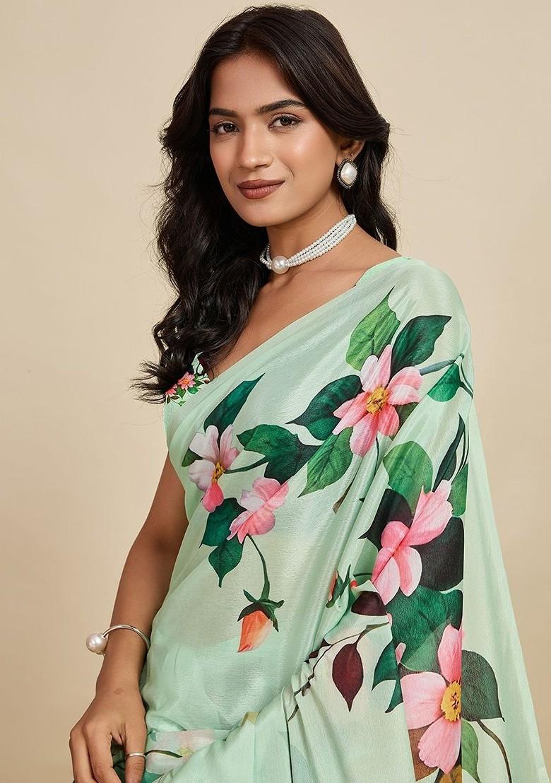 Sea Green Printed Blended Saree Set