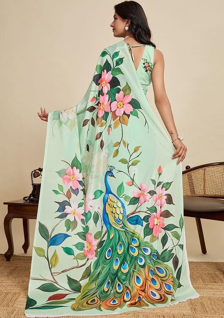 Sea Green Printed Blended Saree Set