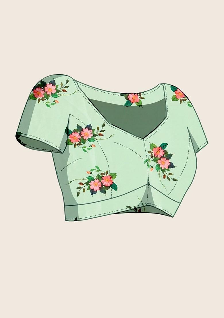 Sea Green Printed Blended Saree Set