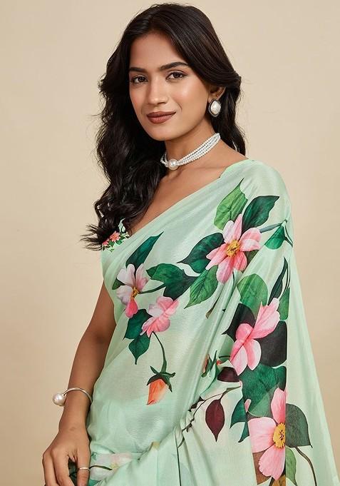 Sea Green Printed Blended Saree Set