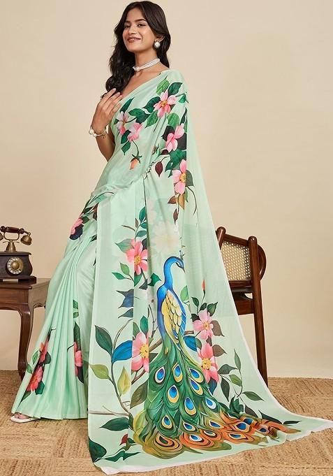 Sea Green Printed Blended Saree Set