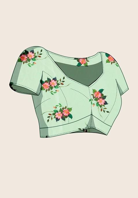 Sea Green Printed Blended Saree Set