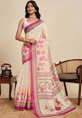 Off White Embroidered Blended Saree Set