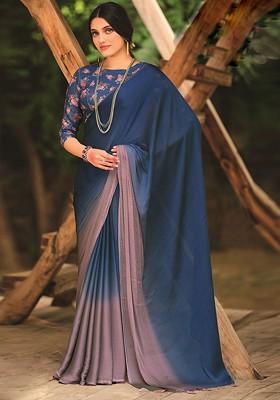 Blue Embellished Blended Saree Set