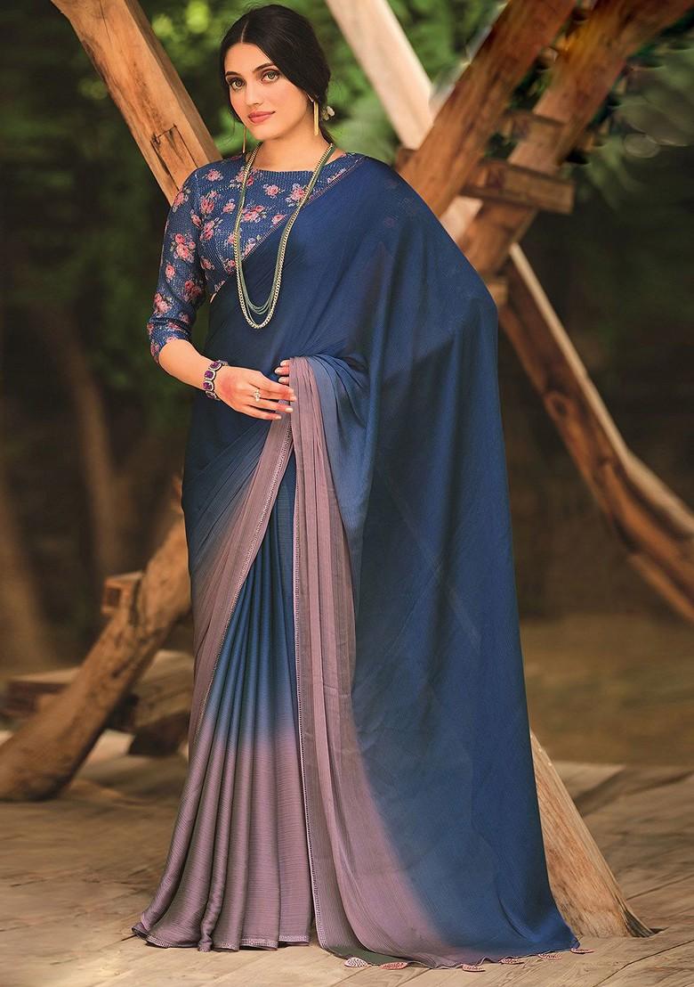 Blue Embellished Blended Saree Set
