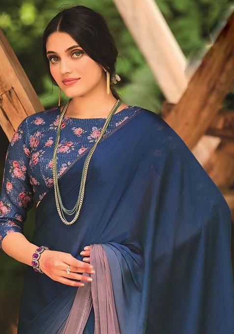 Blue Embellished Blended Saree Set