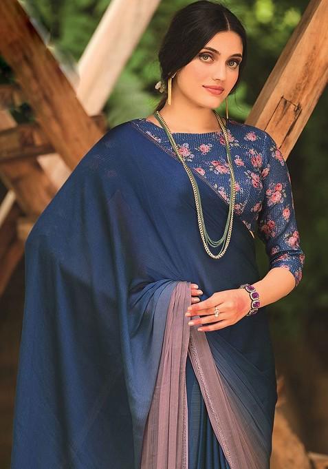 Blue Embellished Blended Saree Set