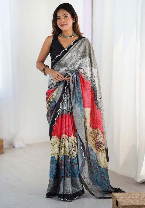Grey Printed Blended Saree Set — view on Indya
