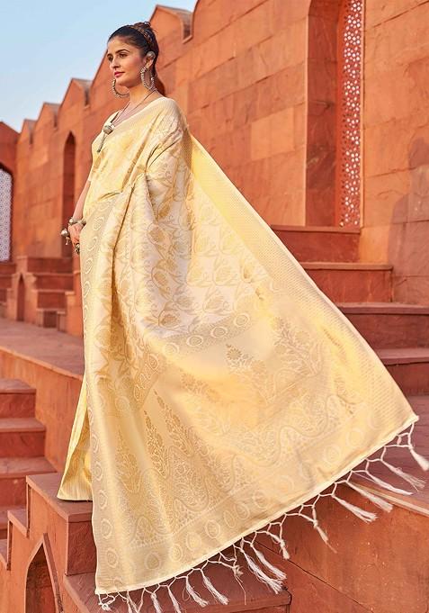 White Embroidered Blended Saree Set