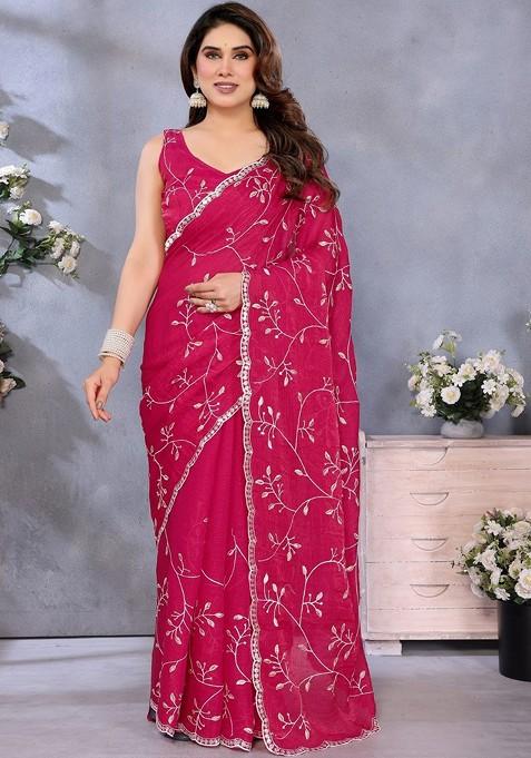 Pink Embroidered Blended Saree Set