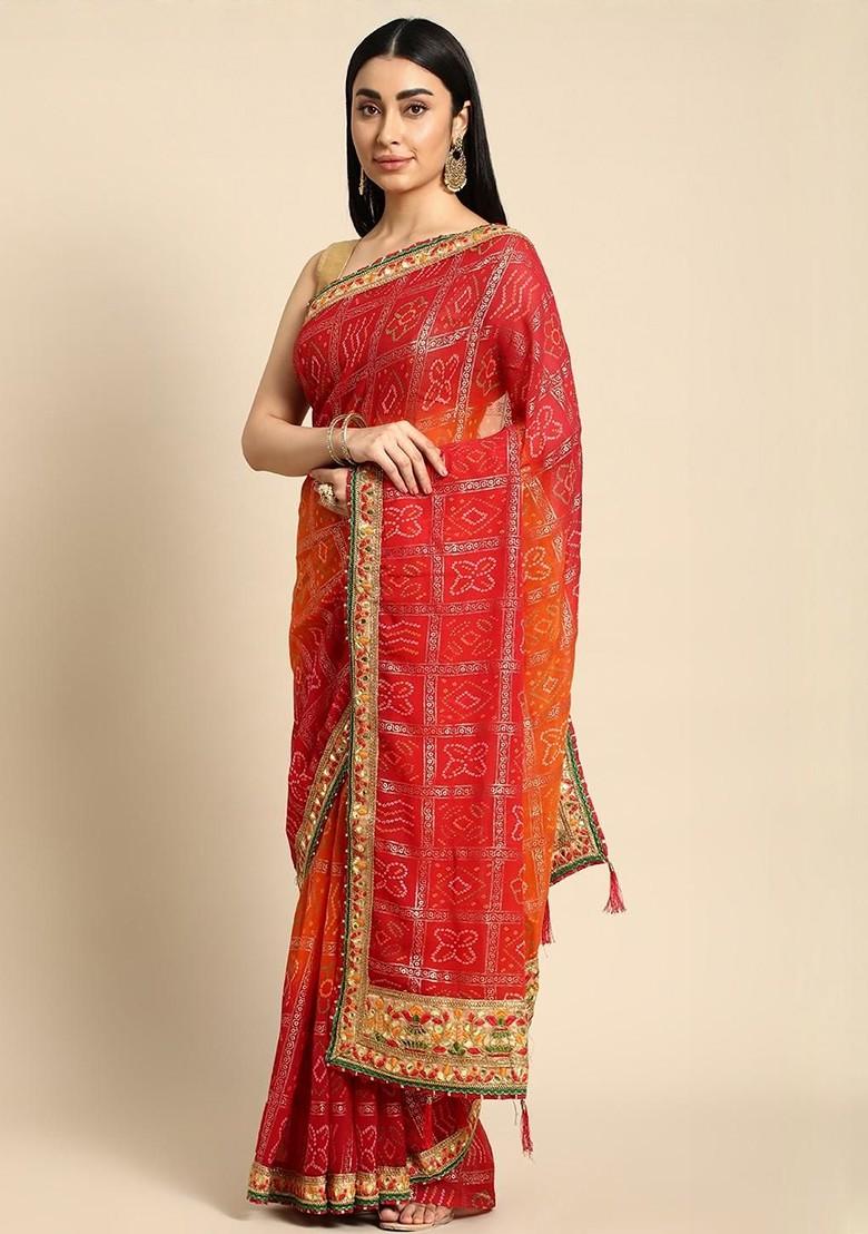 Red Printed Blended Saree Set
