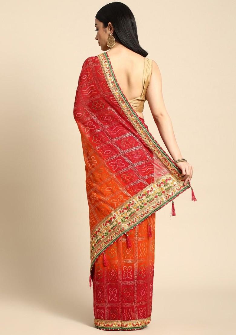 Red Printed Blended Saree Set