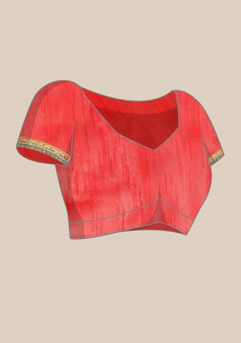 Red Printed Blended Saree Set