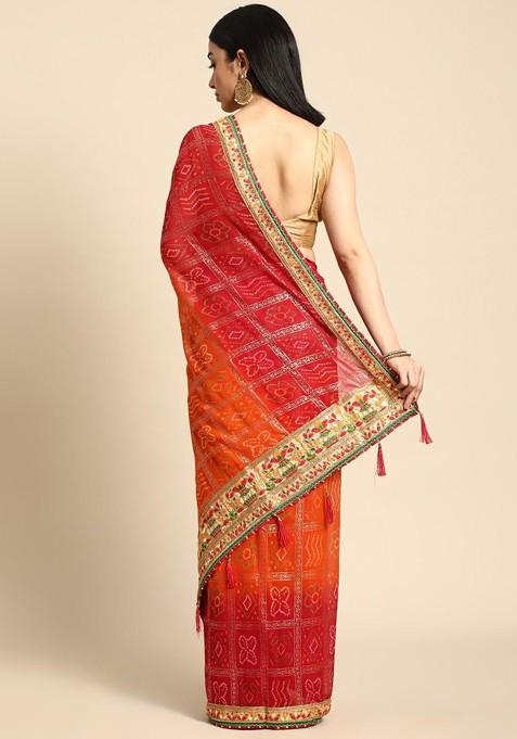 Red Printed Blended Saree Set
