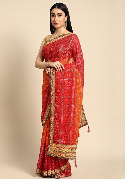 Red Printed Blended Saree Set