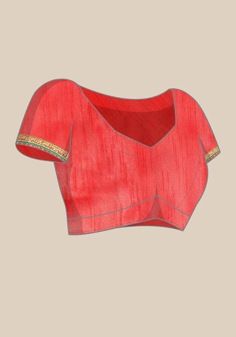 Red Printed Blended Saree Set