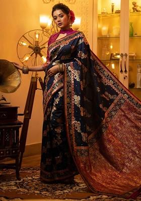 Navy Blue Embroidered Blended Saree Set