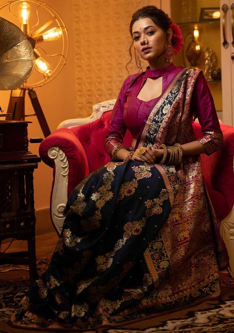 Navy Blue Embroidered Blended Saree Set