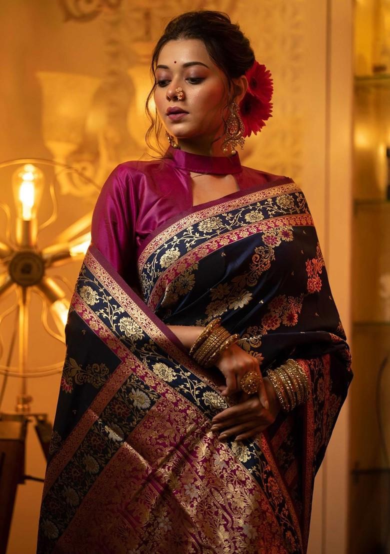 Navy Blue Embroidered Blended Saree Set