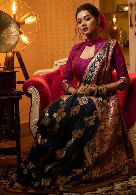 Navy Blue Embroidered Blended Saree Set