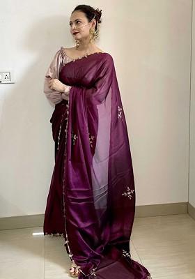 Purple Embroidered Blended Saree Set
