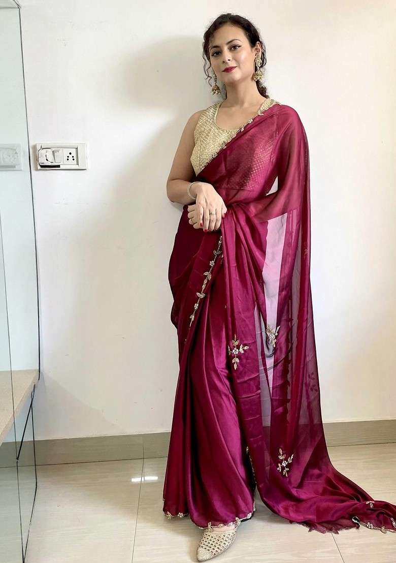 Magenta Embroidered Blended Saree Set - Indya