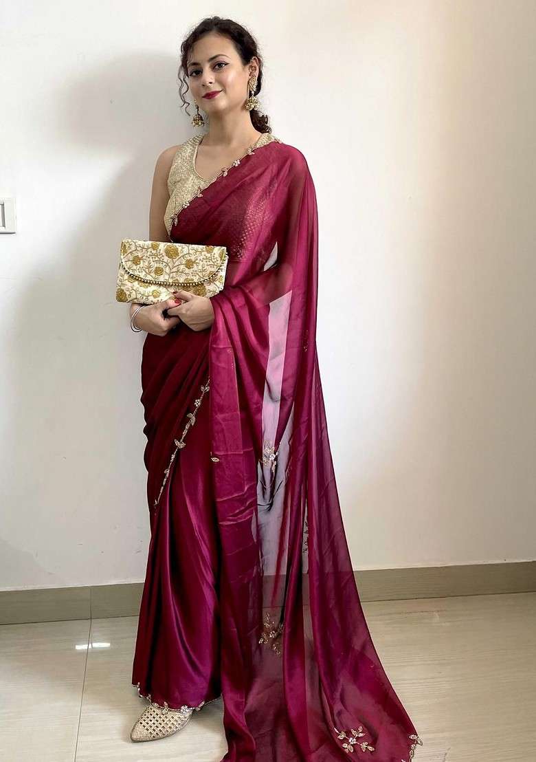 Magenta Embroidered Blended Saree Set - Indya